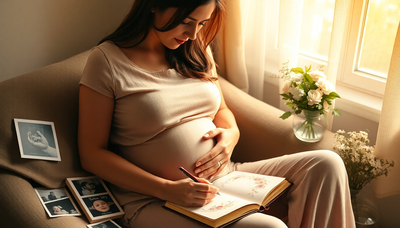 Mom writing in her pregnancy journal to capture milestones and reflections.