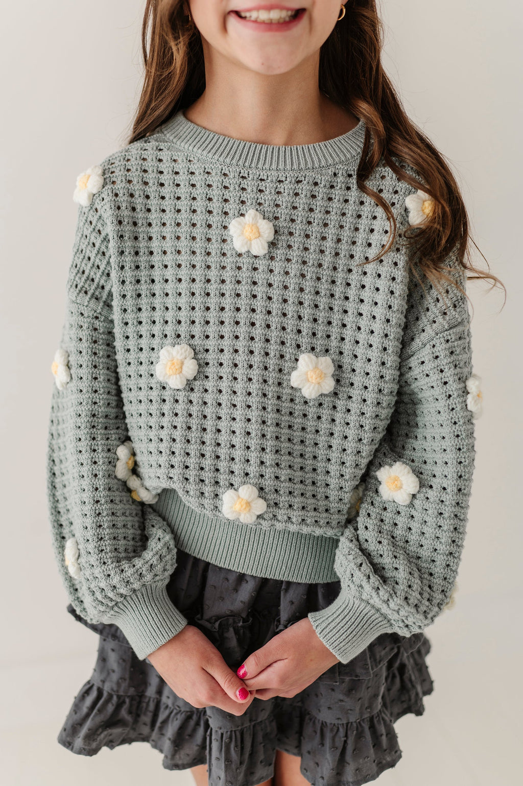 Girls Open Weave Long Sleeve Sweater in Soft Juniper