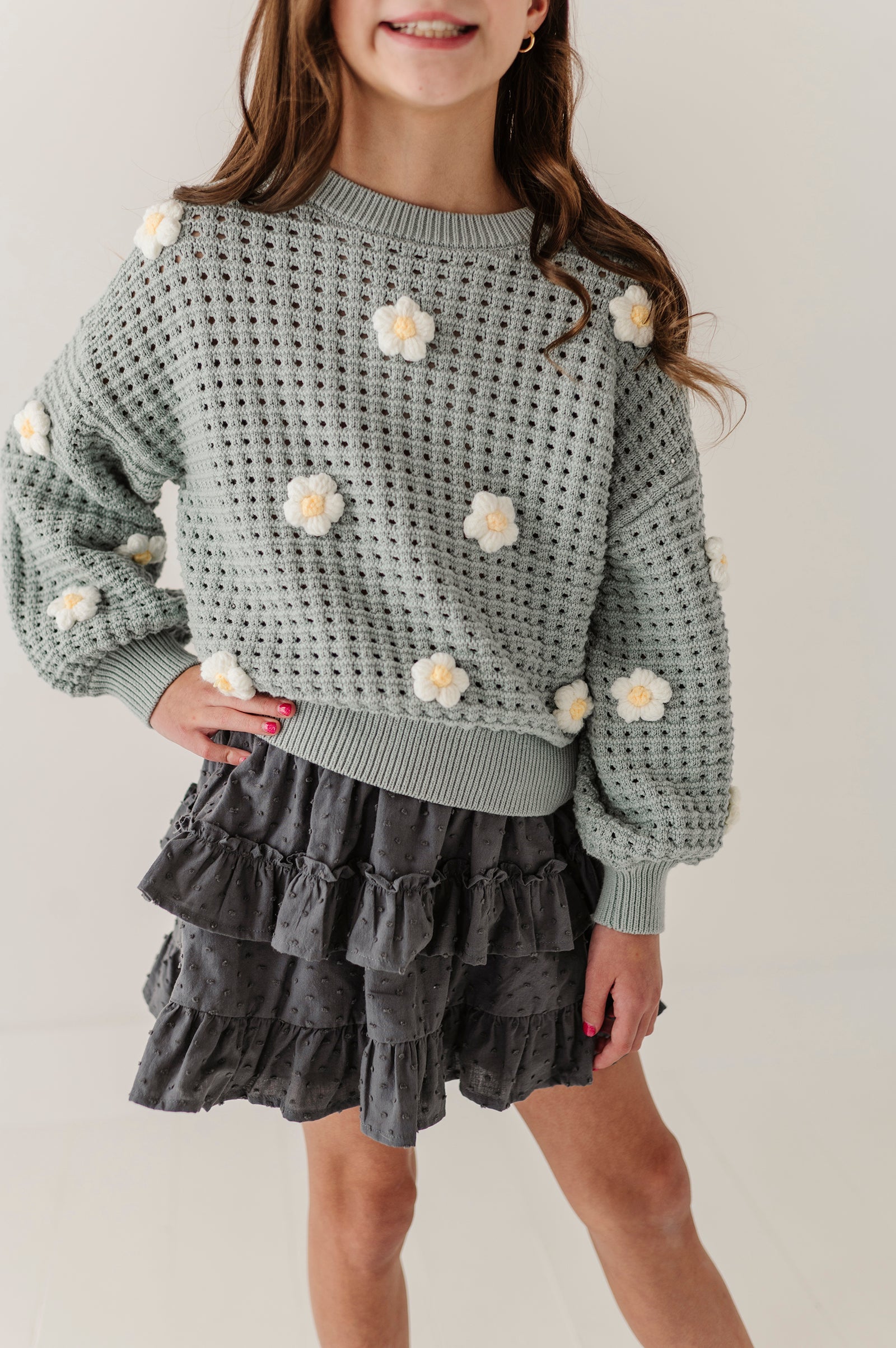 Girls Open Weave Long Sleeve Sweater in Soft Juniper