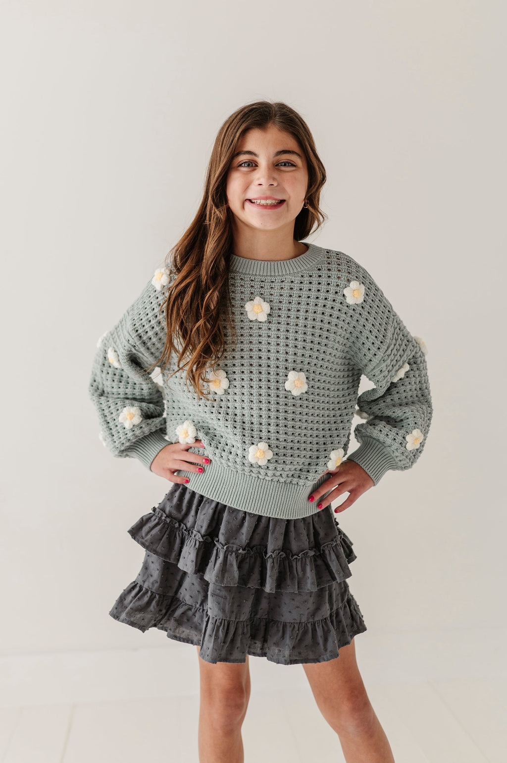 Girls Open Weave Long Sleeve Sweater in Soft Juniper
