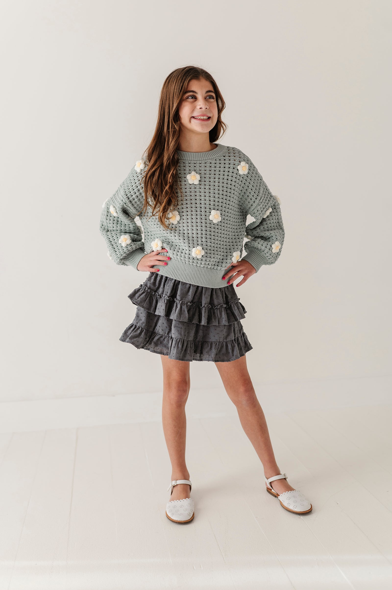 Girls Open Weave Long Sleeve Sweater in Soft Juniper
