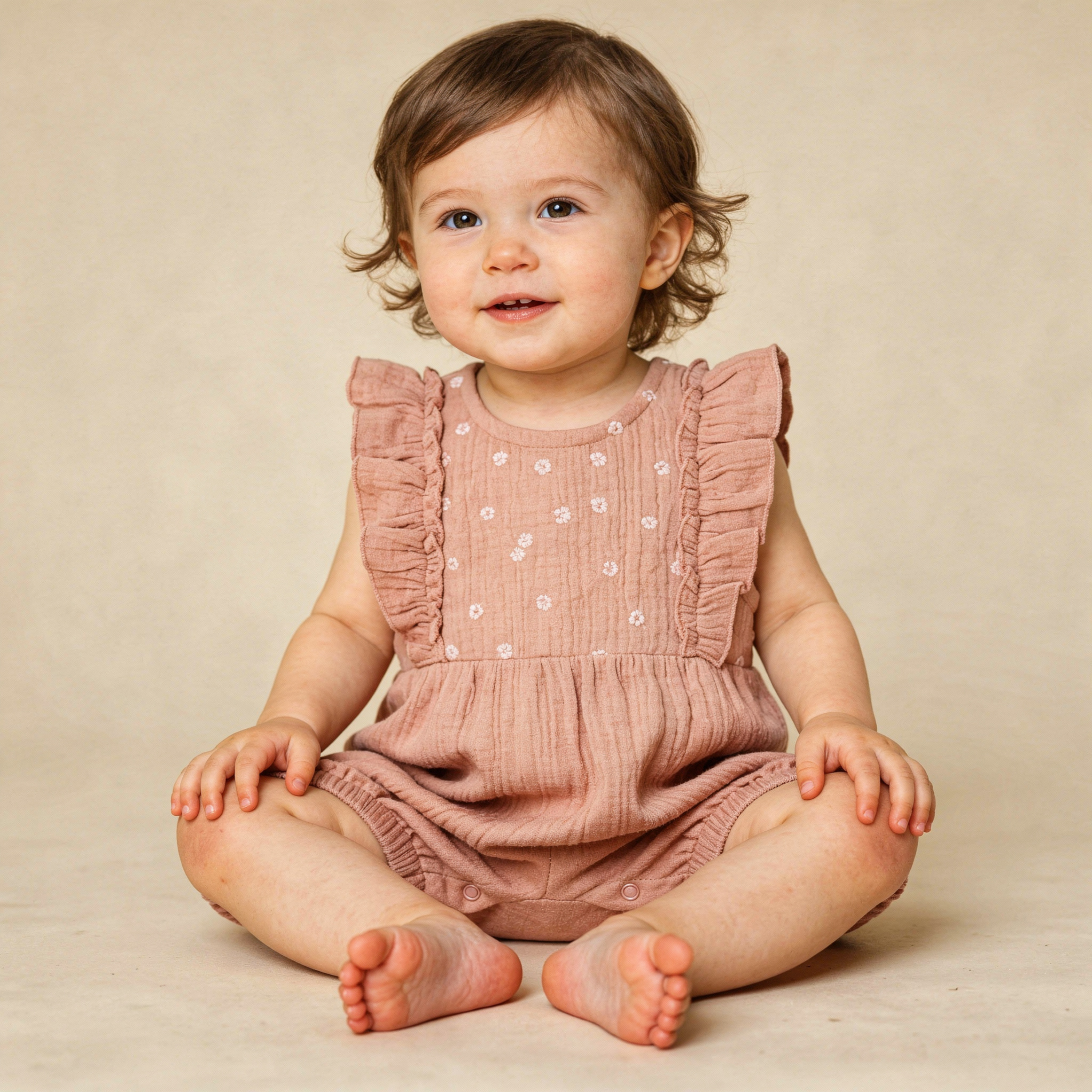 Organic Embroidered Ruffle Romper - Clay