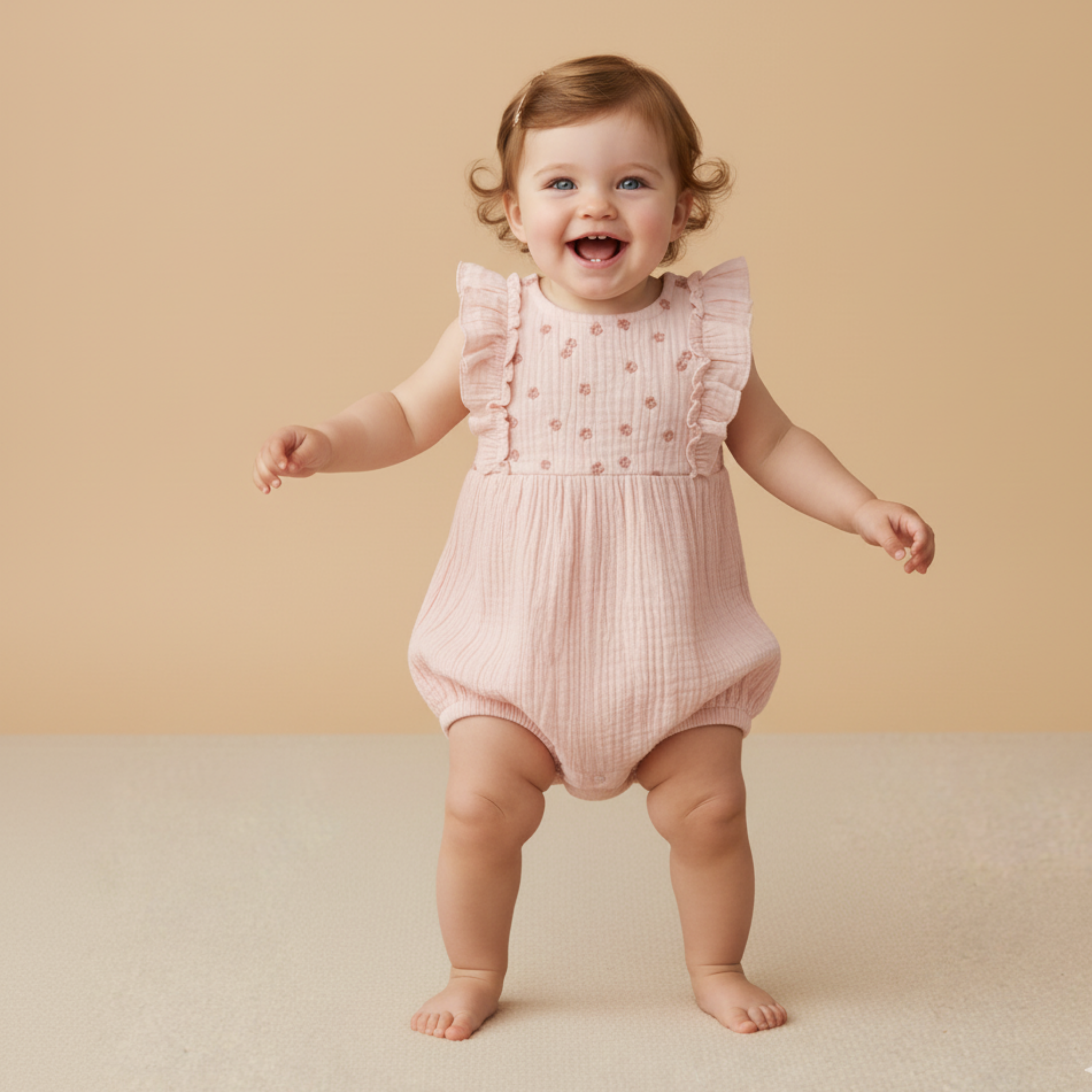 Organic Embroidered Ruffle Romper - Blush