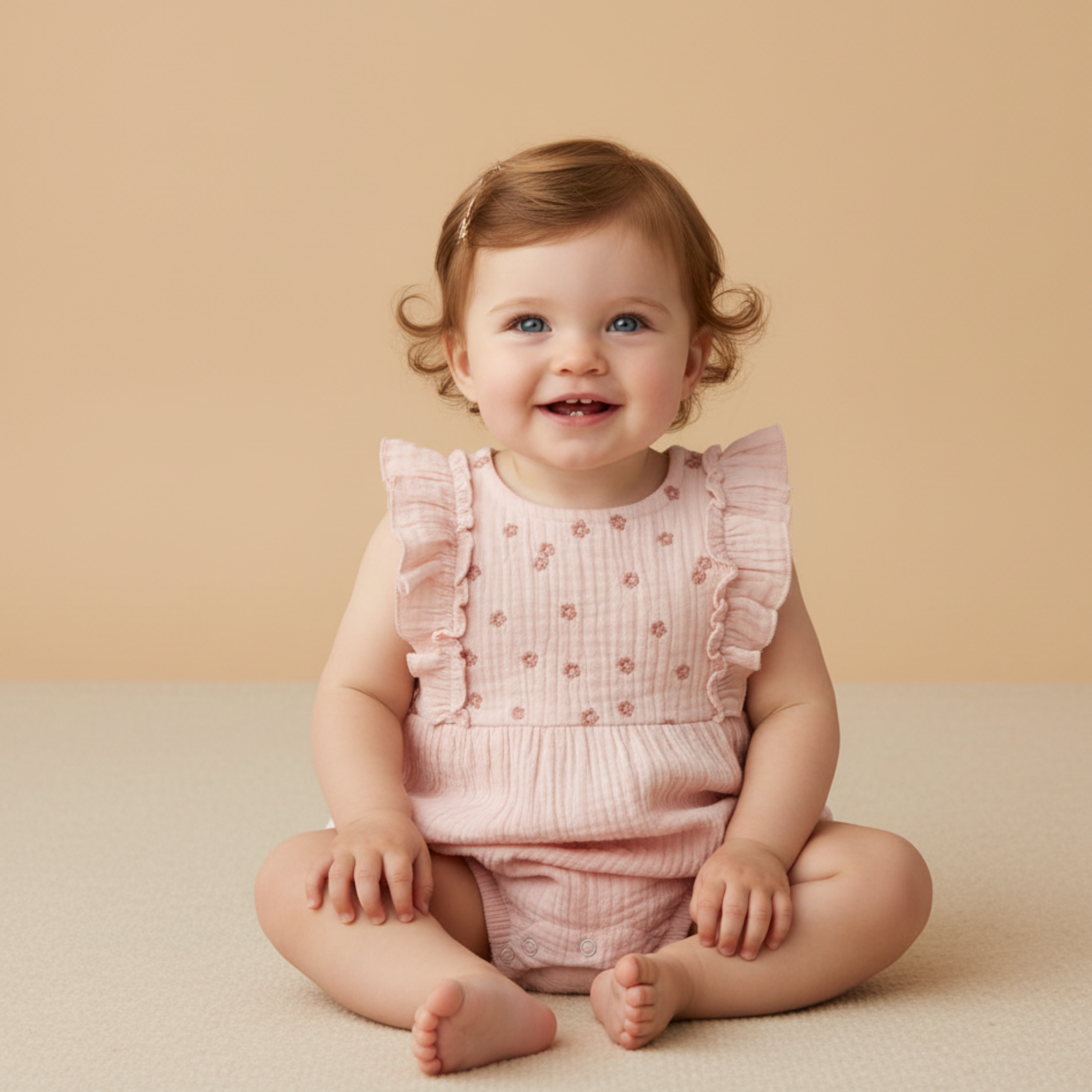 Organic Embroidered Ruffle Romper - Blush