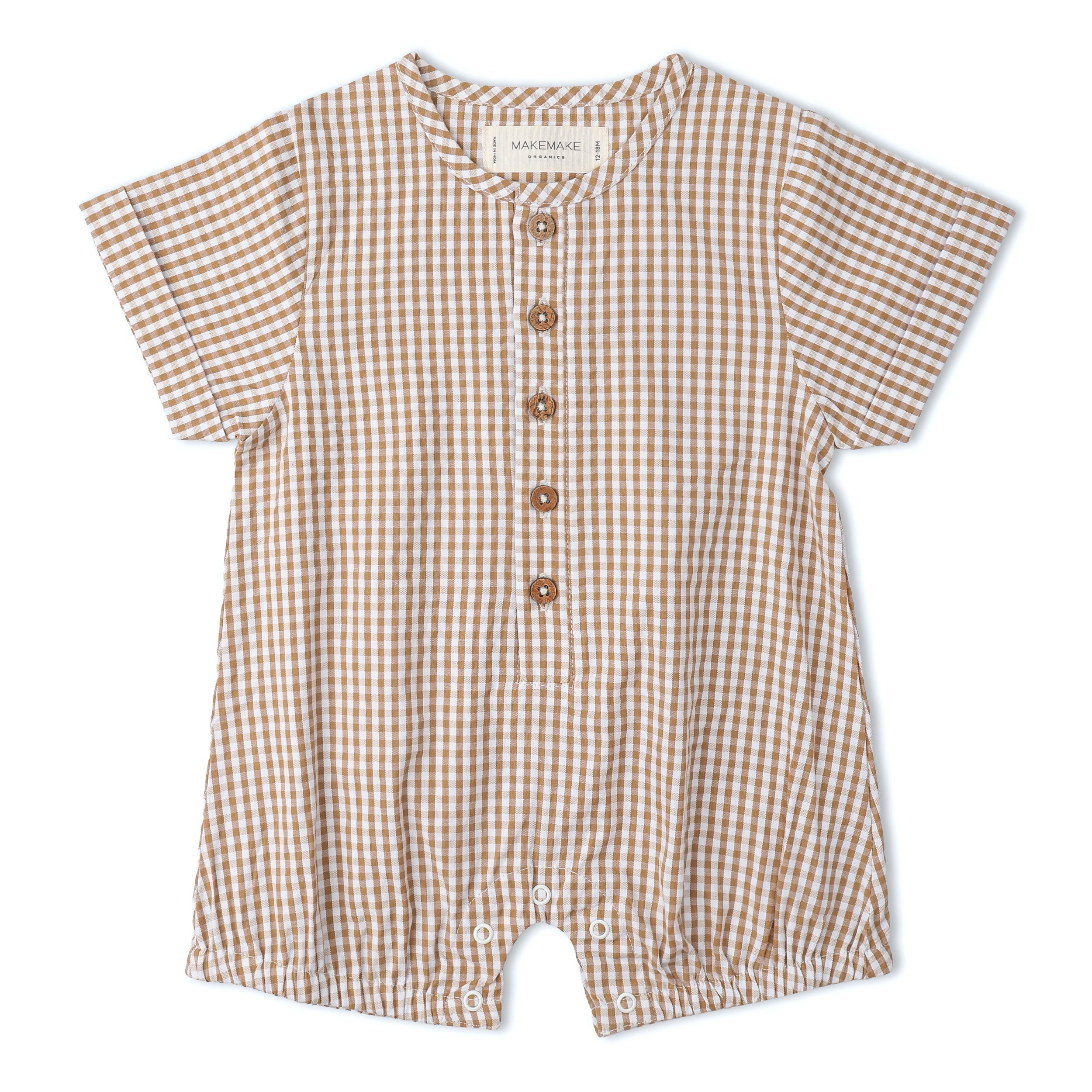 Organic Short Bubble Romper - Caramel Check