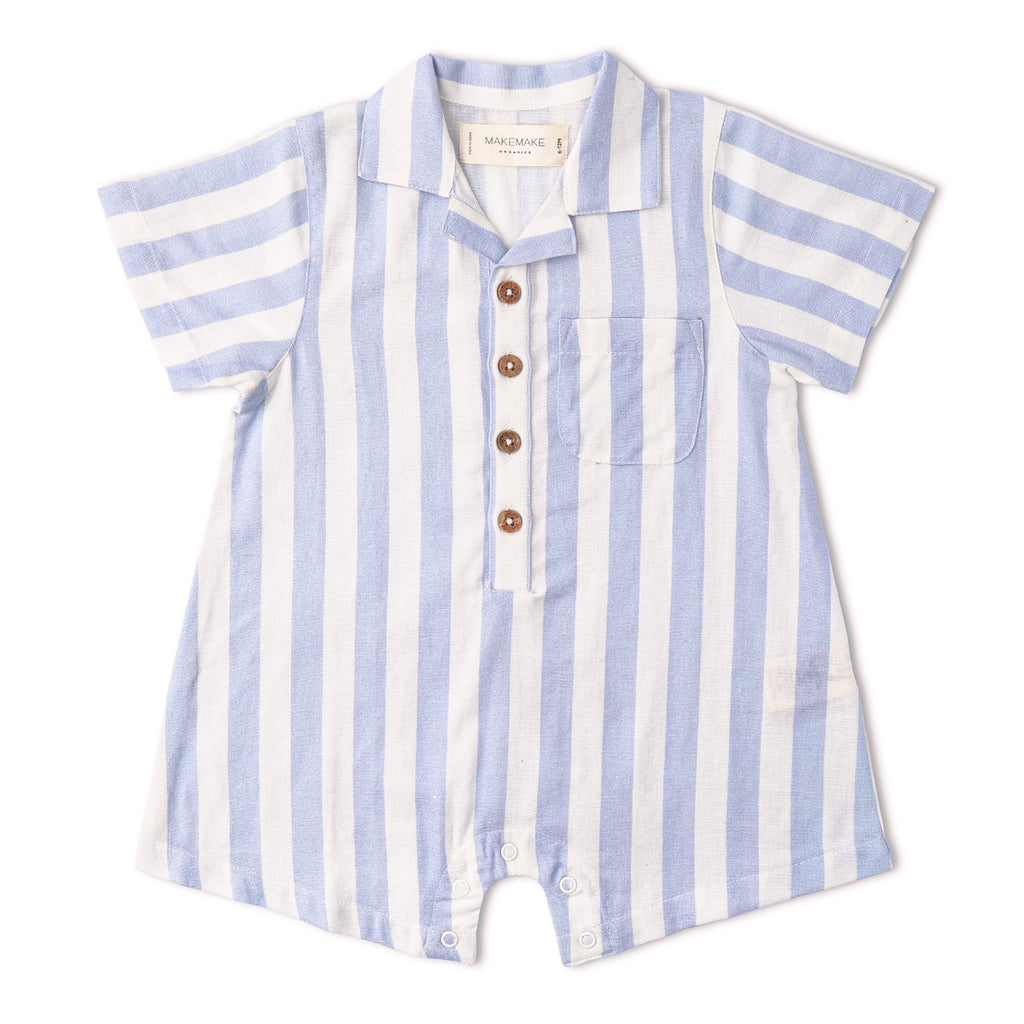 Organic Collared Romper - Blue Stripes