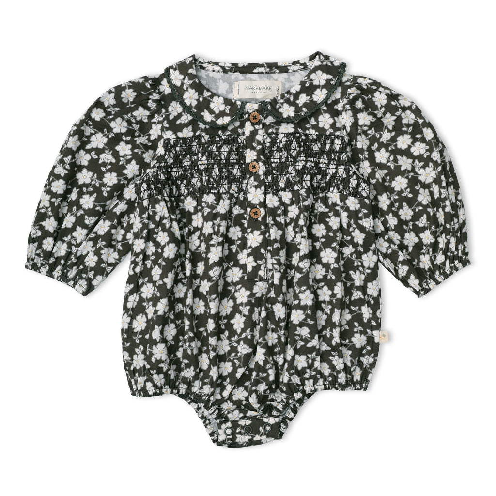 Organic Smocked Long Sleeve Bubble Romper - Twilight Meadow