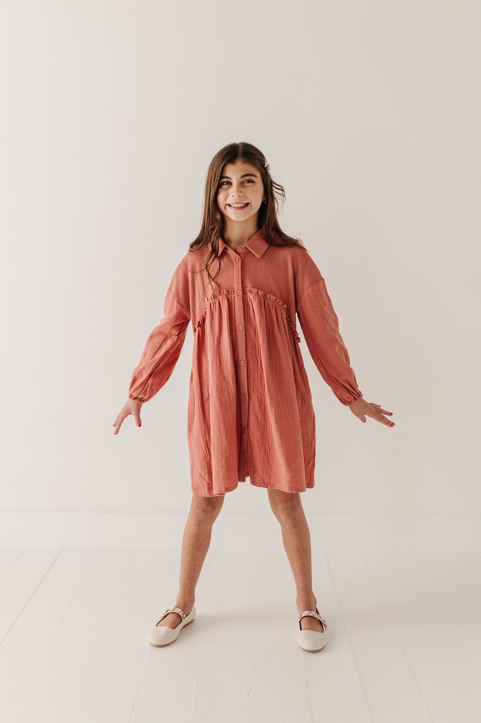 Girls Button Front Gauze Dress in Brick Dust