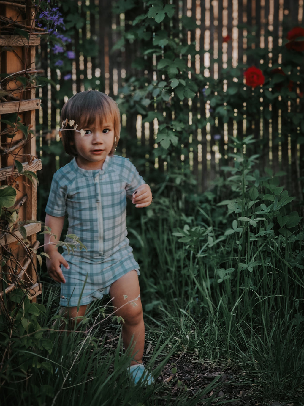Short Sleeve Rashguard Swimsuit | UPF + Recycled - Fern Plaid