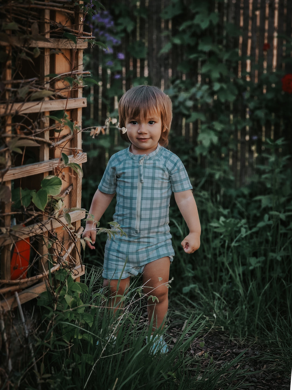 Short Sleeve Rashguard Swimsuit | UPF + Recycled - Fern Plaid