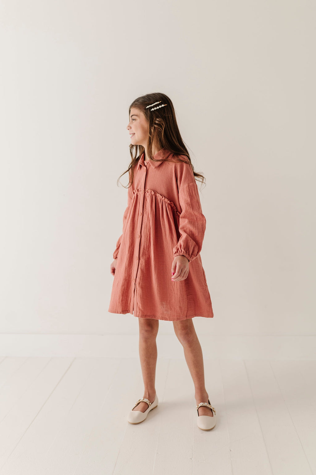 Girls Button Front Gauze Dress in Brick Dust