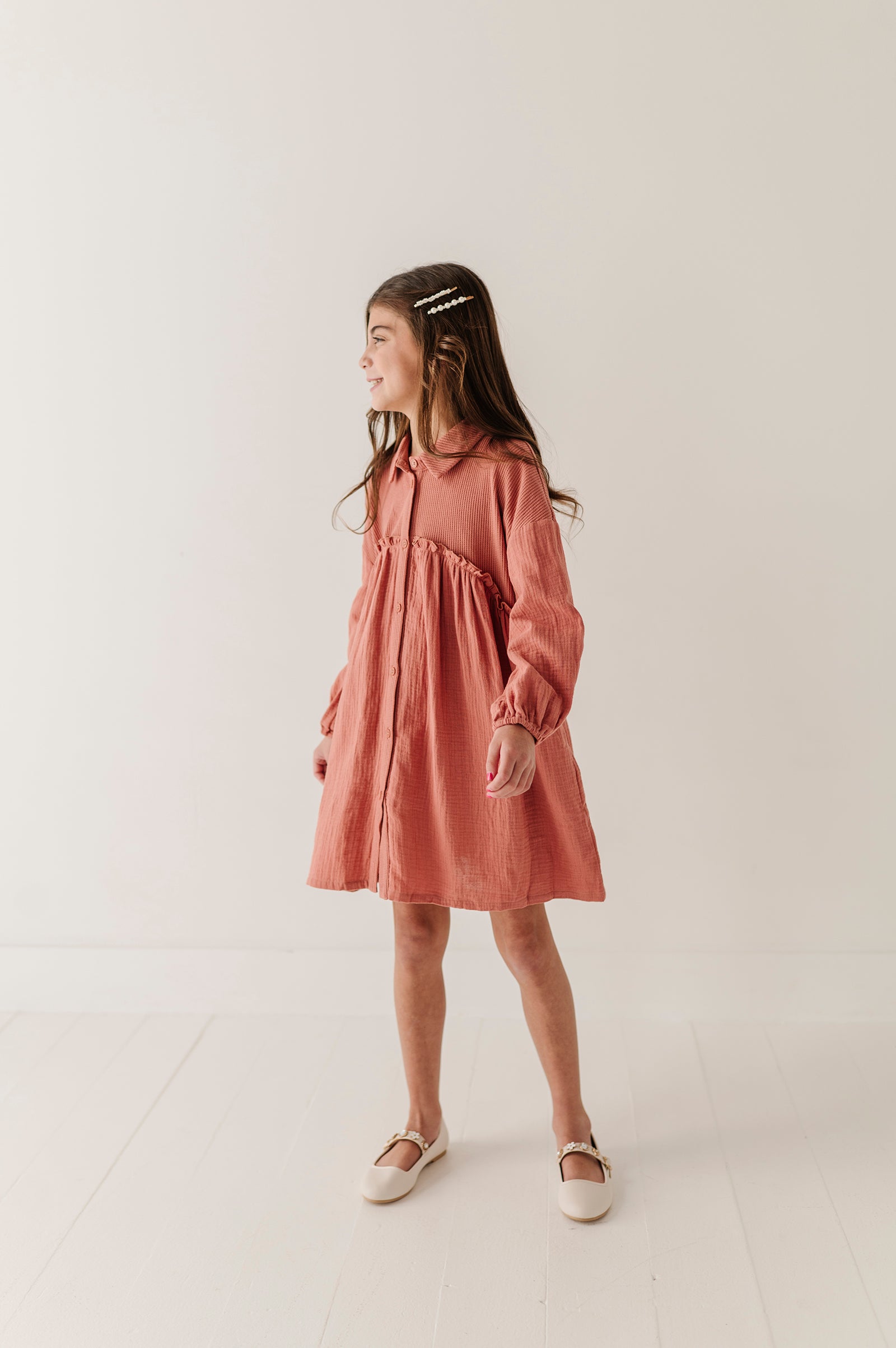 Girls Button Front Gauze Dress in Brick Dust
