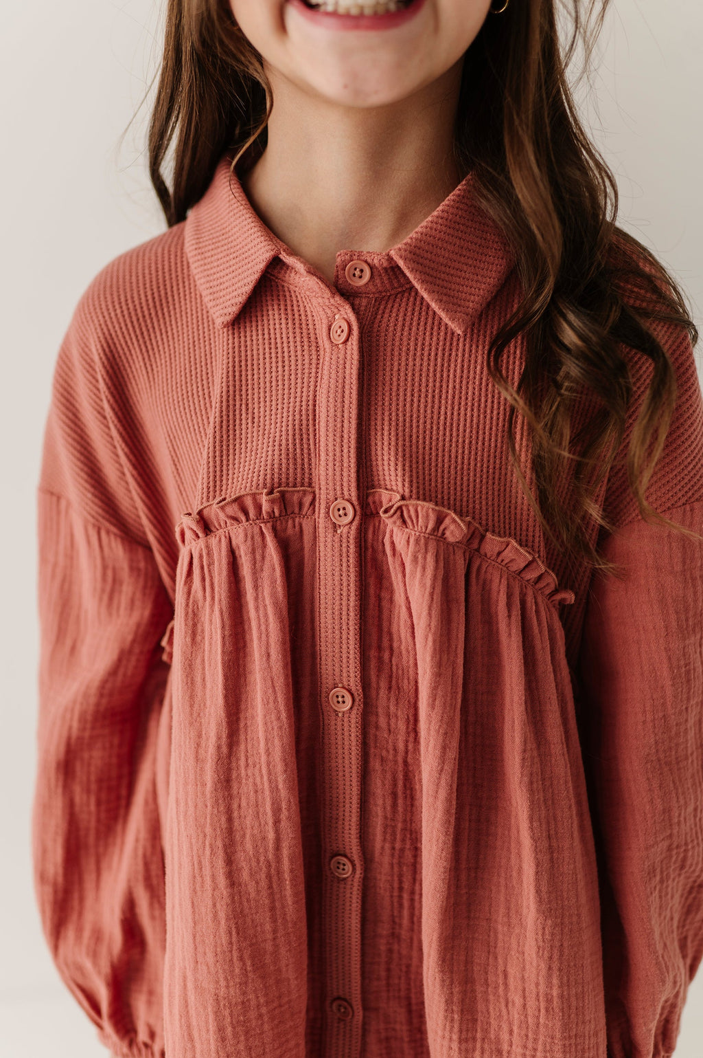 Girls Button Front Gauze Dress in Brick Dust