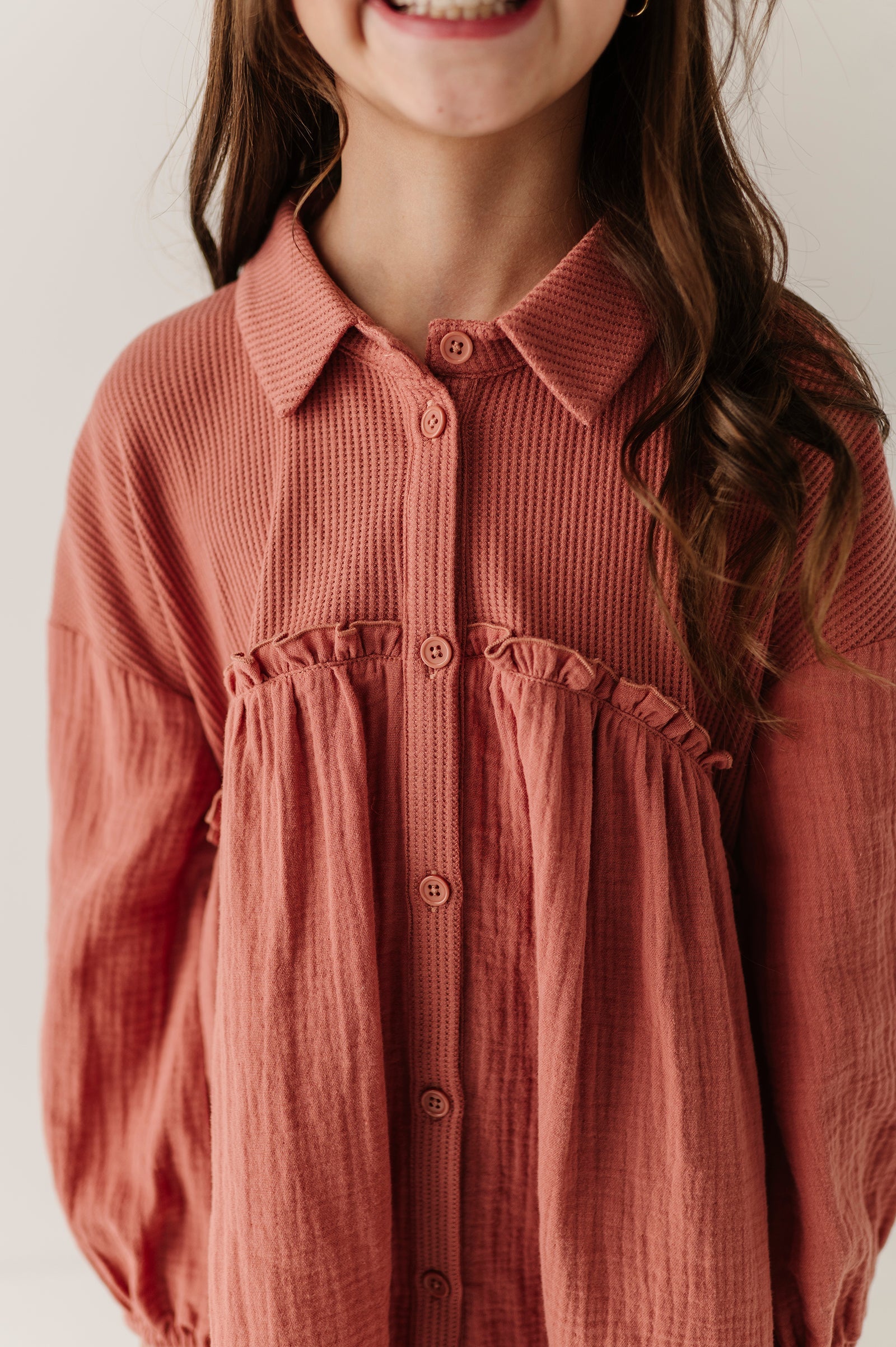 Girls Button Front Gauze Dress in Brick Dust