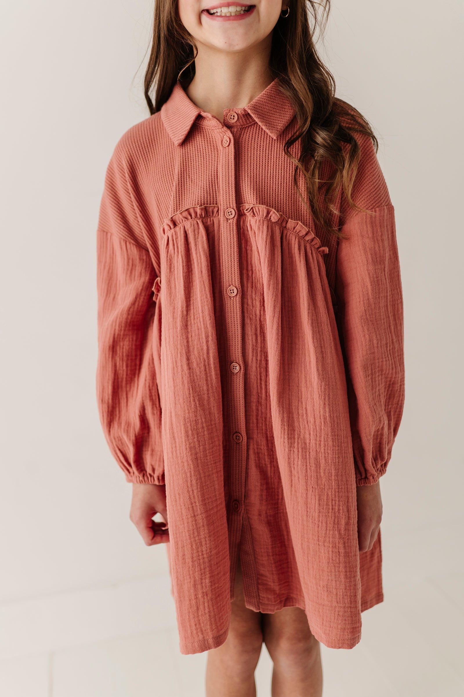 Girls Button Front Gauze Dress in Brick Dust