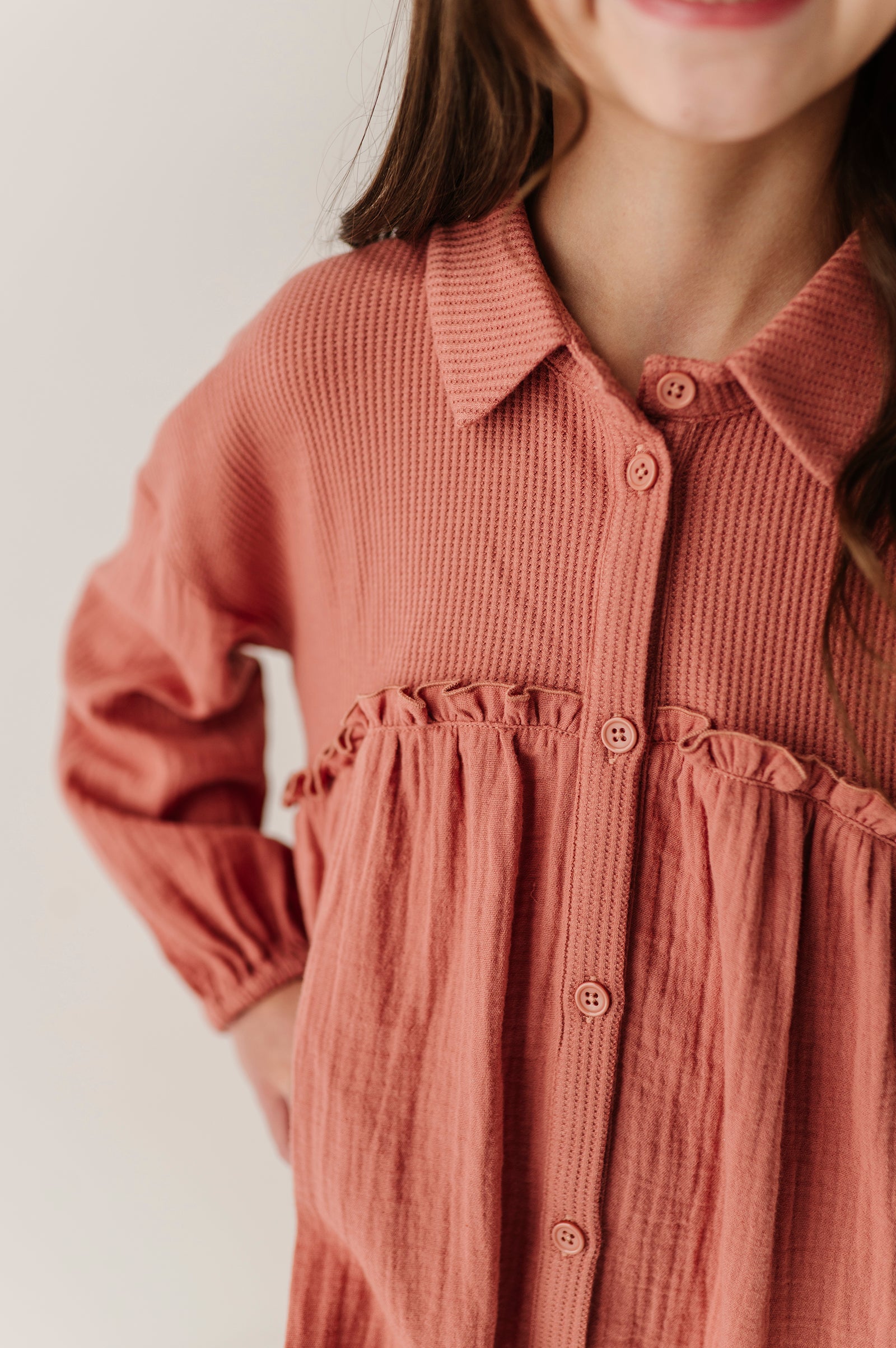 Girls Button Front Gauze Dress in Brick Dust