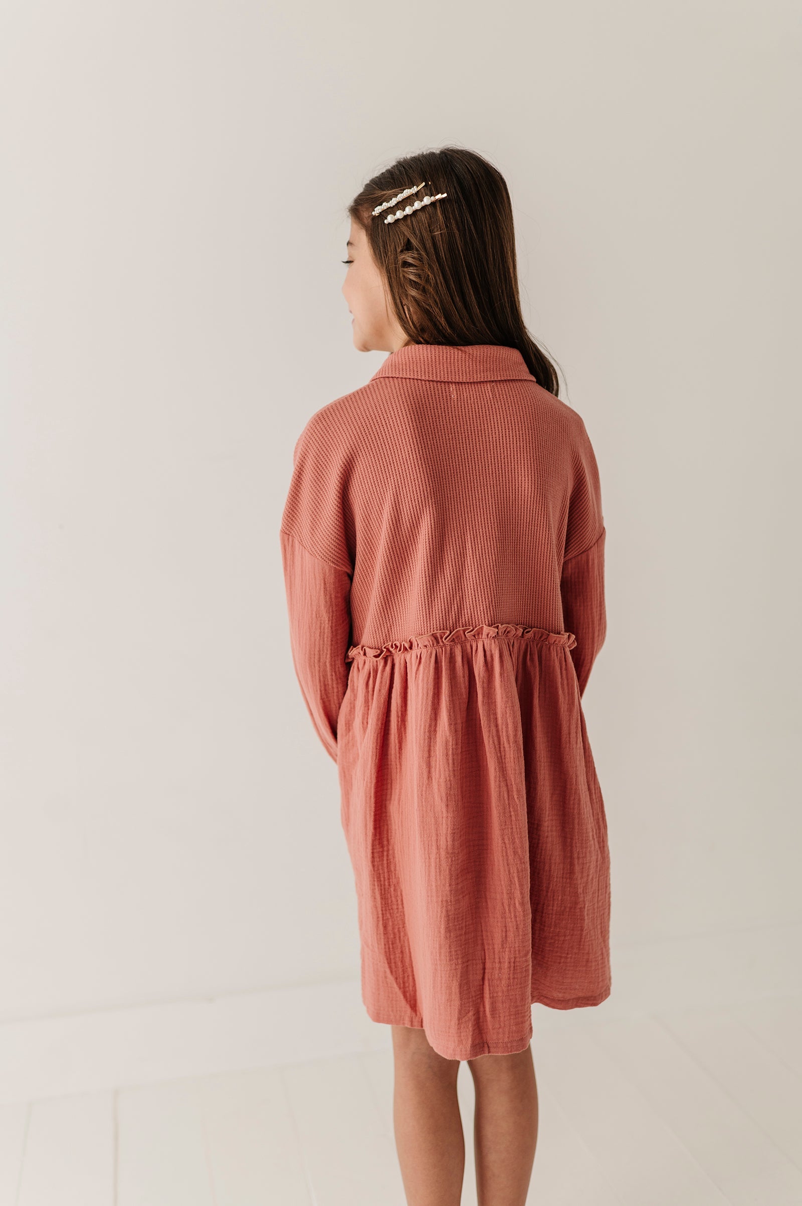 Girls Button Front Gauze Dress in Brick Dust