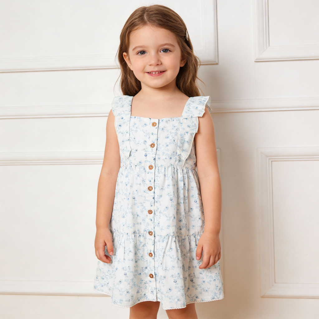 Organic Flutter Buttoned Tiered Dress - Ivy Floral