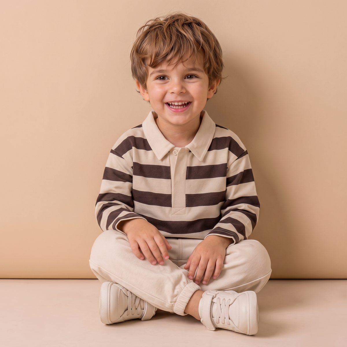 Organic Long Sleeve Polo - Mocha Stripe