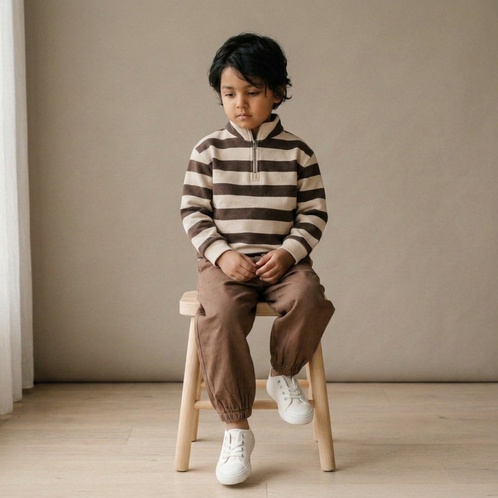 Organic Fleece Half Zip Sweatshirt - Mocha Stripe
