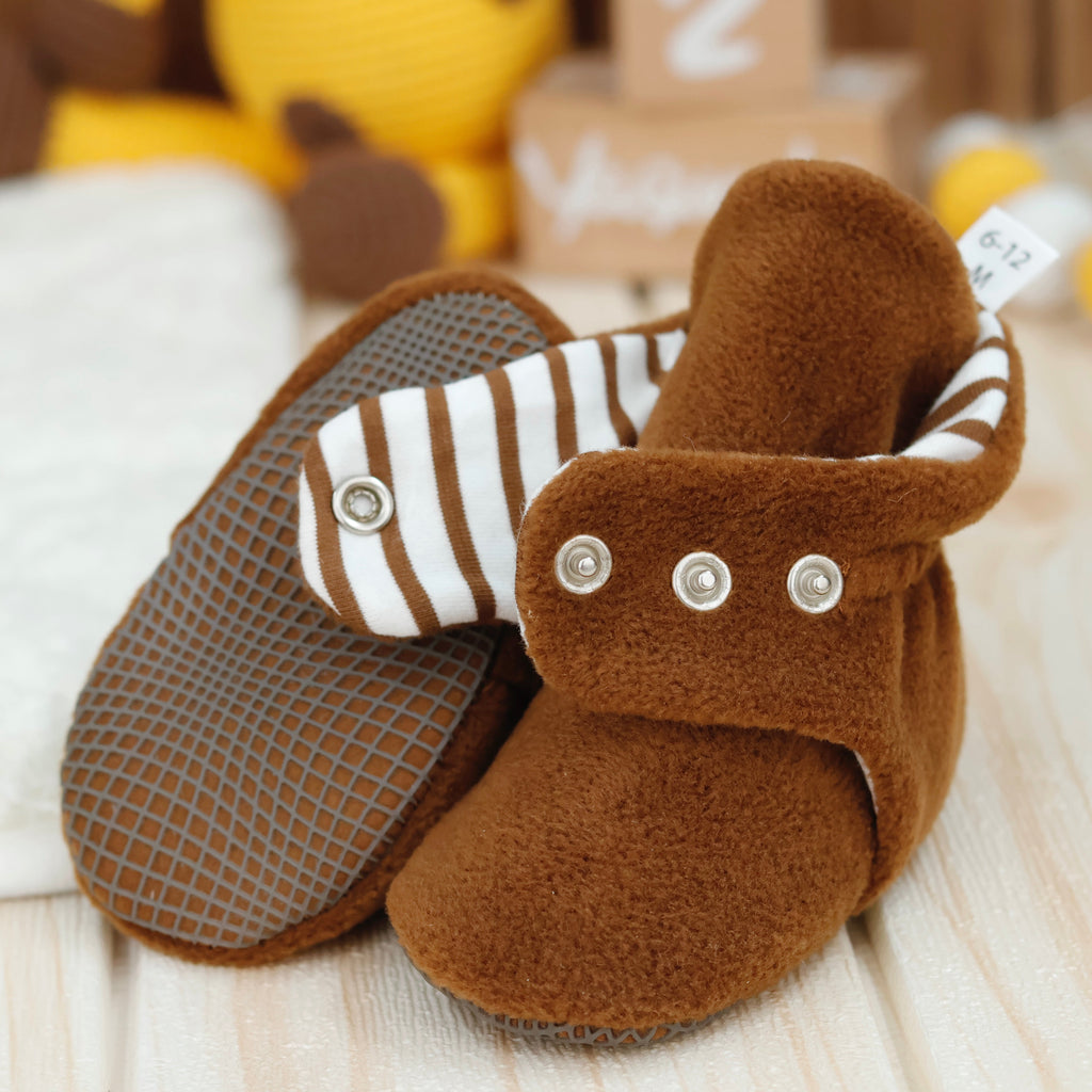 Fleece Stay-On Baby Booties with Snaps – Tan