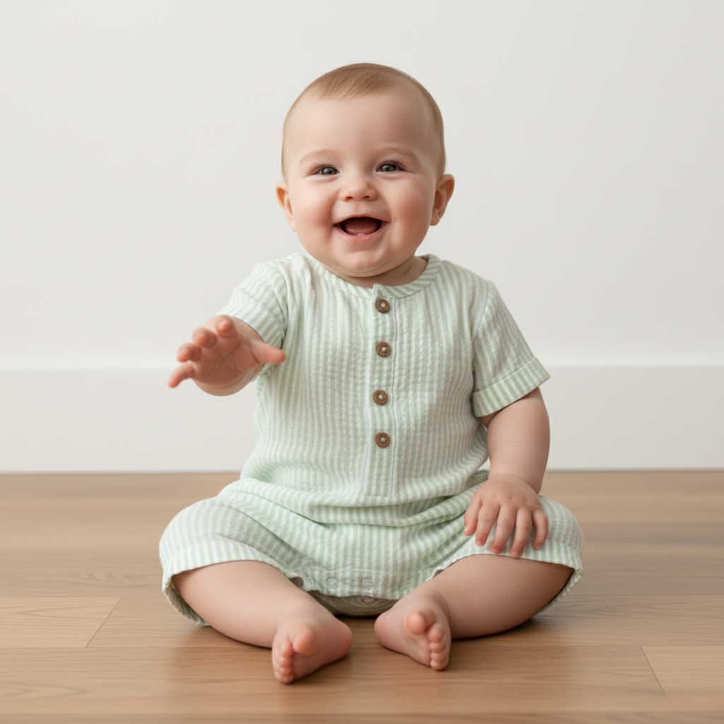 Organic Short Bubble Romper - Basil Stripes