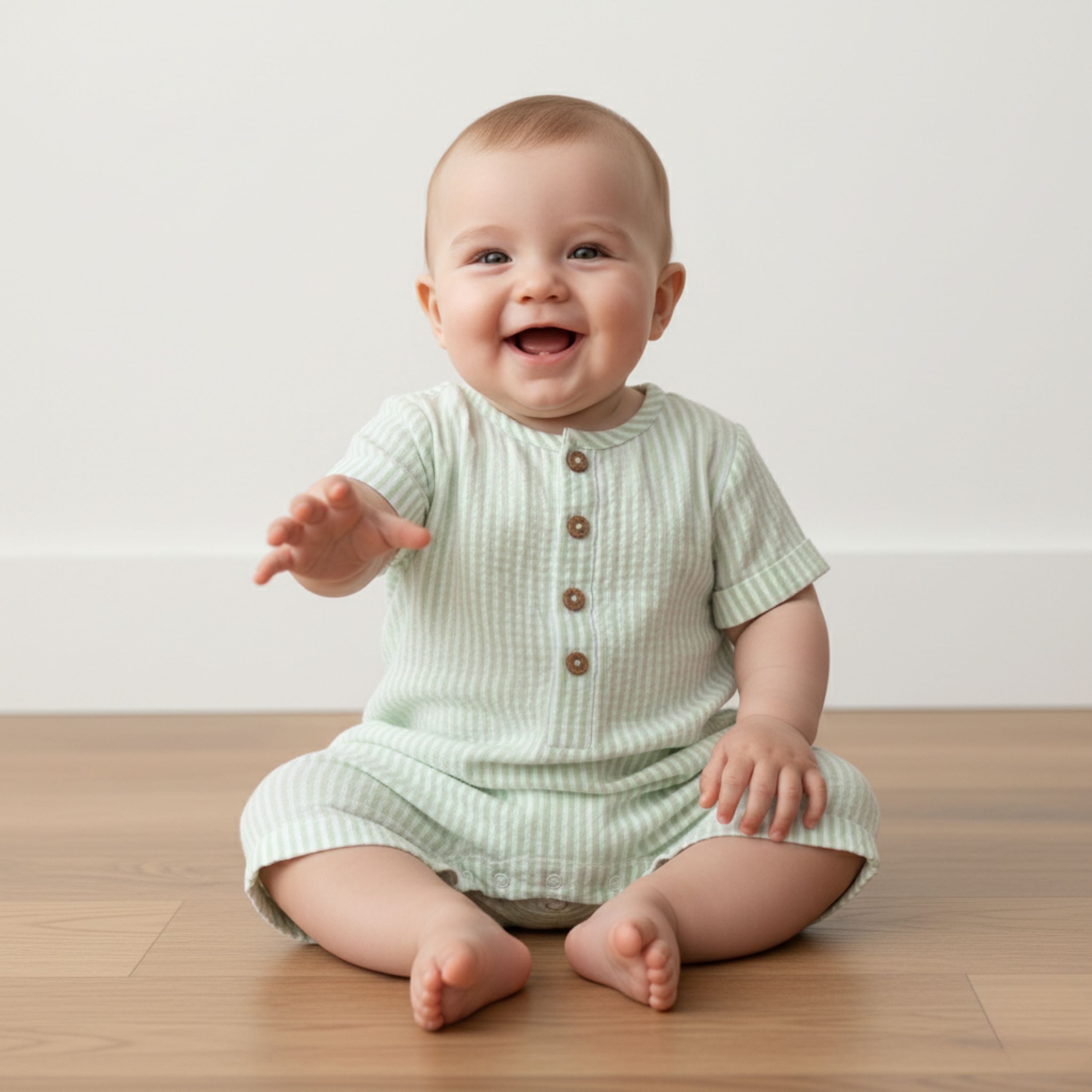 Organic Short Bubble Romper - Basil Stripes