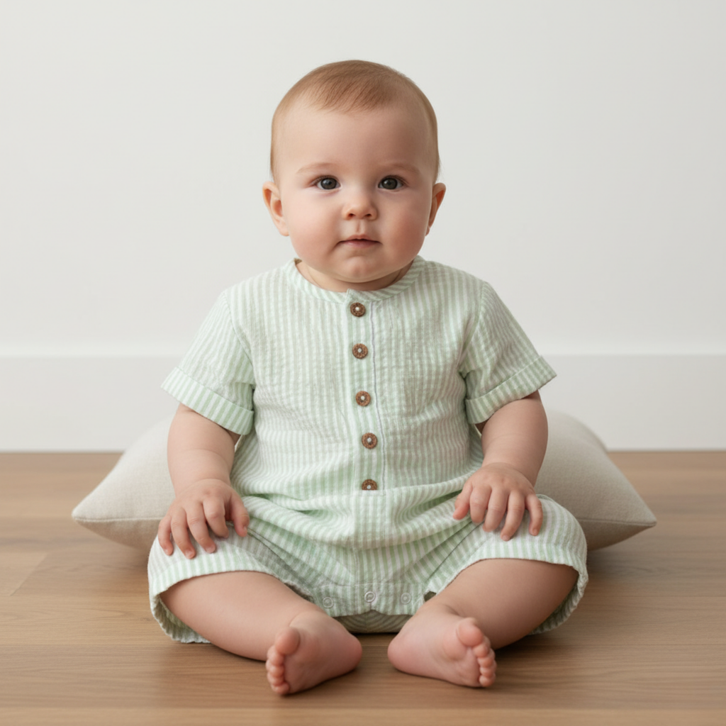 Organic Short Bubble Romper - Basil Stripes