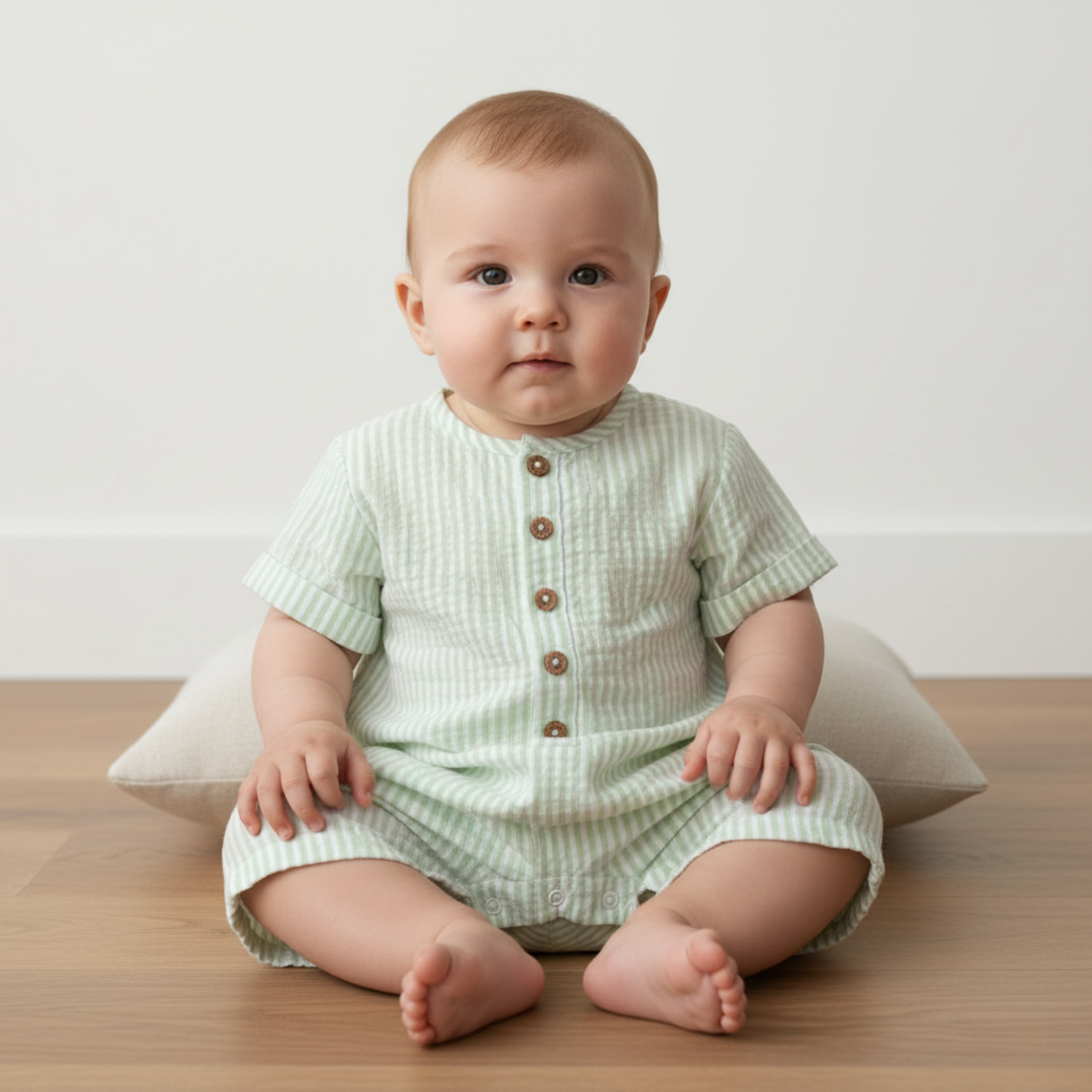 Organic Short Bubble Romper - Basil Stripes