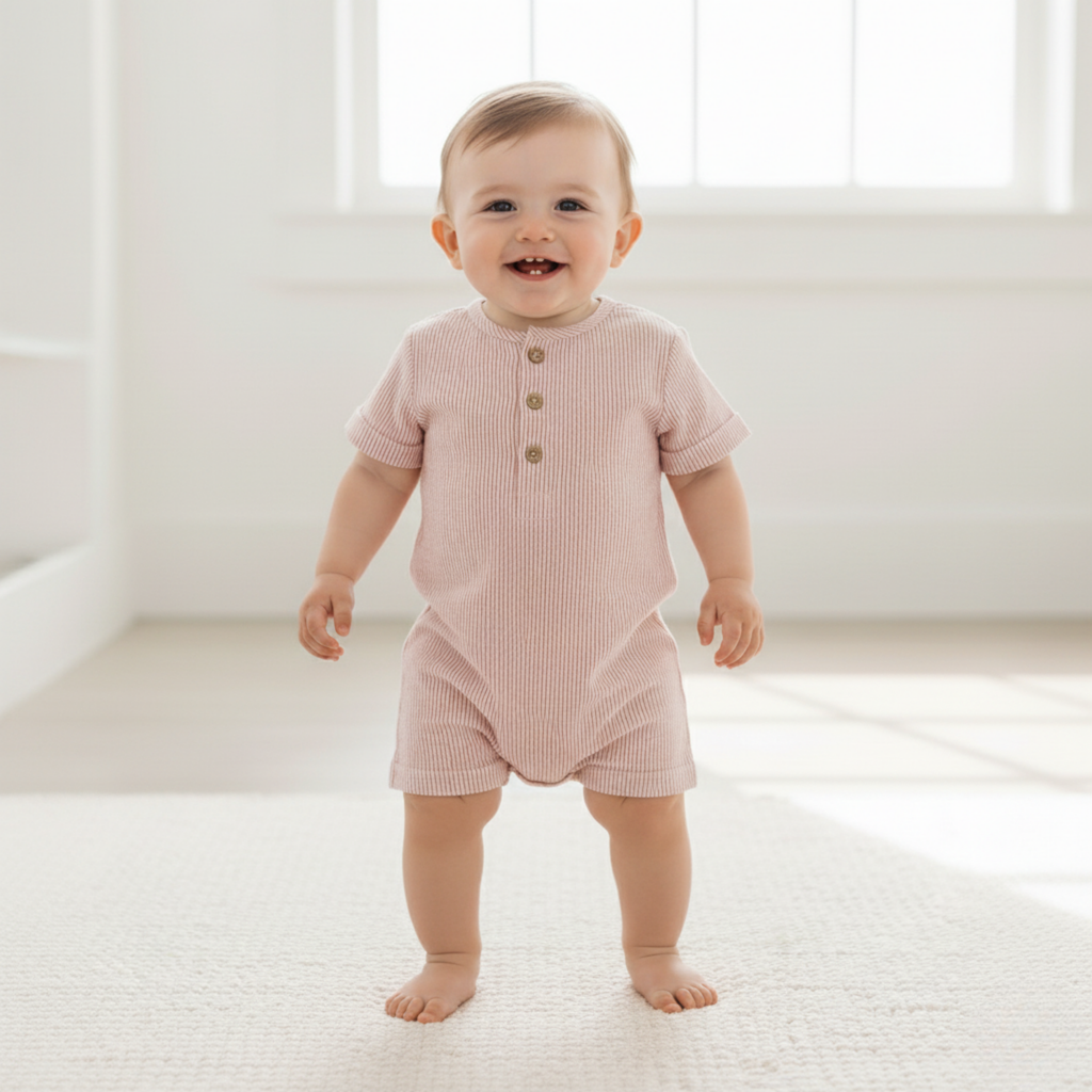 Organic Short Bubble Romper - Coral Stripes