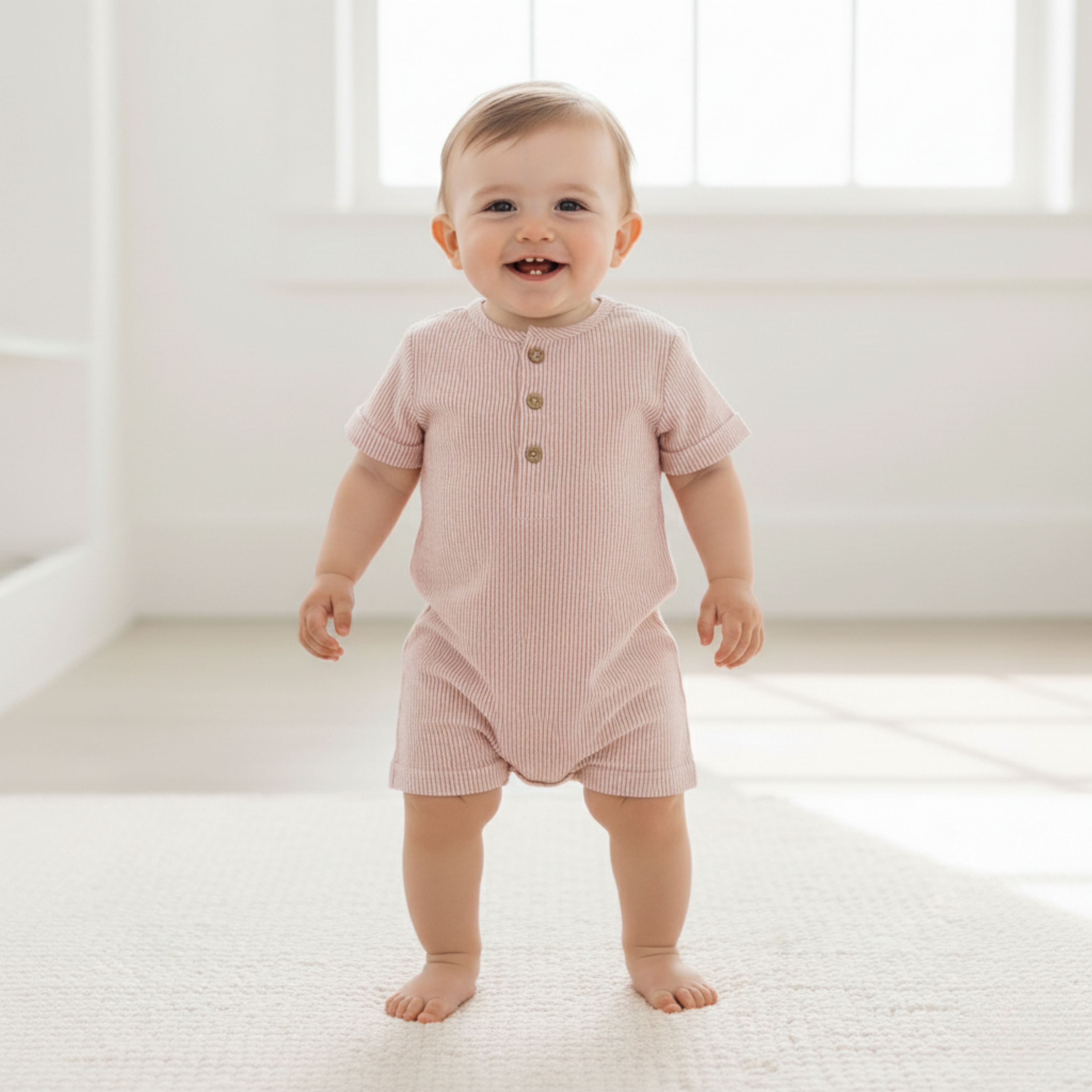Organic Short Bubble Romper - Coral Stripes