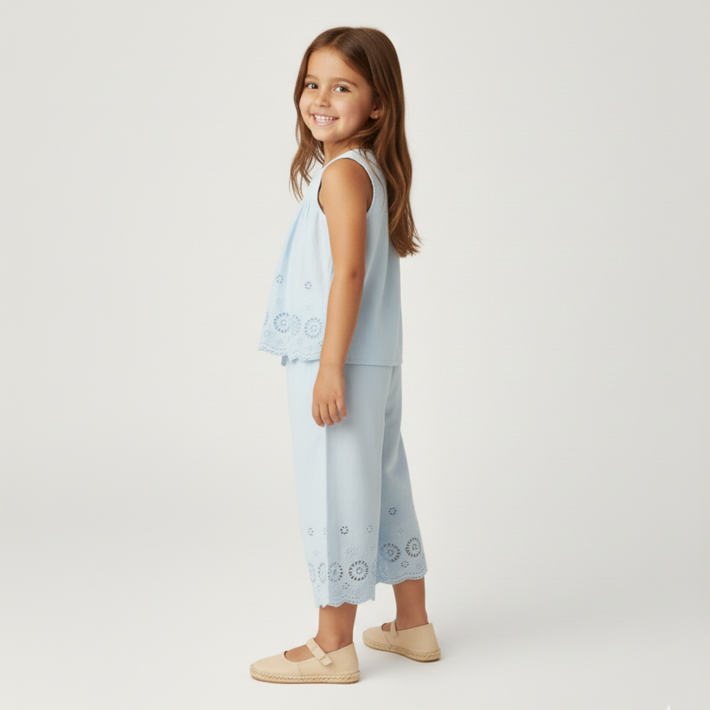 Organic Eyelet Top And Pant Set - Light Blue Eyelet