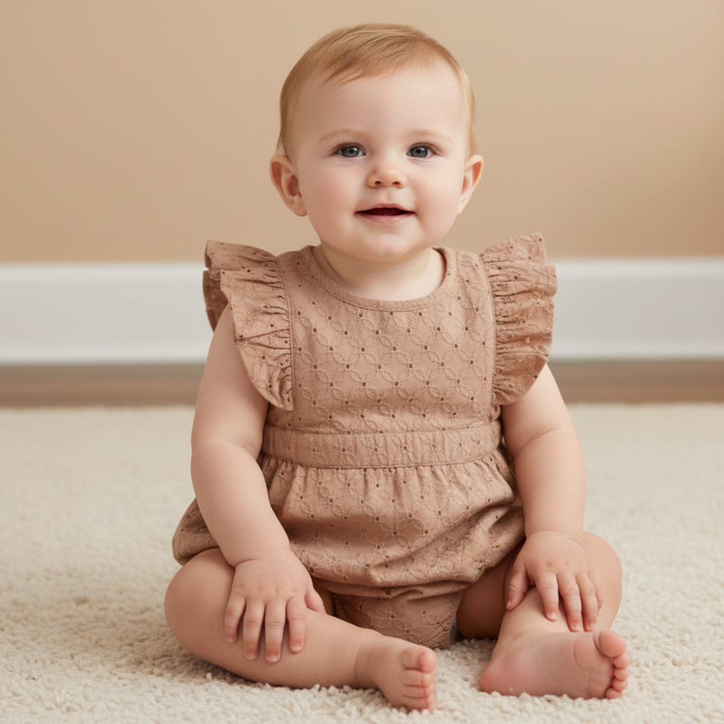 Organic Eyelet Flutter Romper - Clay Eyelet