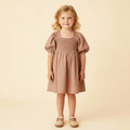 Organic Eyelet Bubble Sleeve Dress - Clay Eyelet