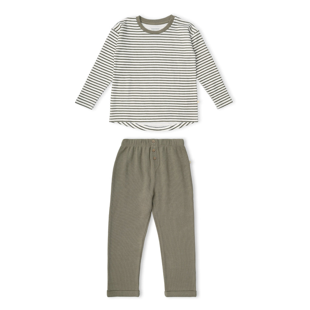 Organic Tee & Foldover Pants Set - Olive Stripes