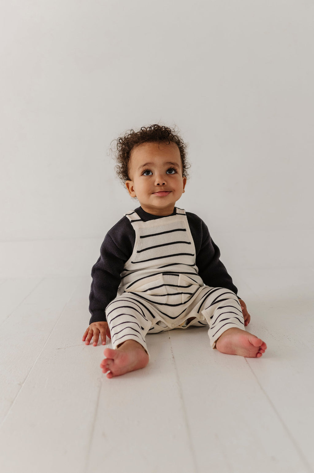 Baby Boy Knit Pocket Overalls in Charcoal Stripe