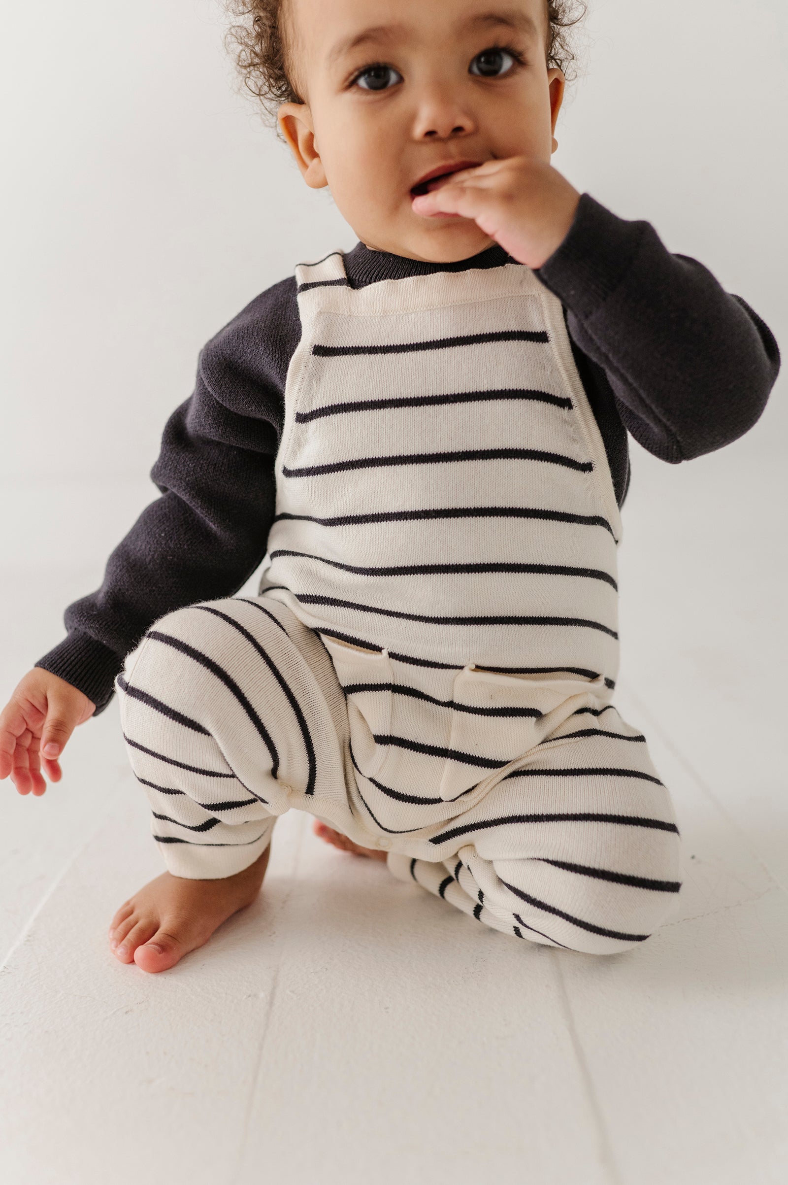 Baby Boy Knit Pocket Overalls in Charcoal Stripe