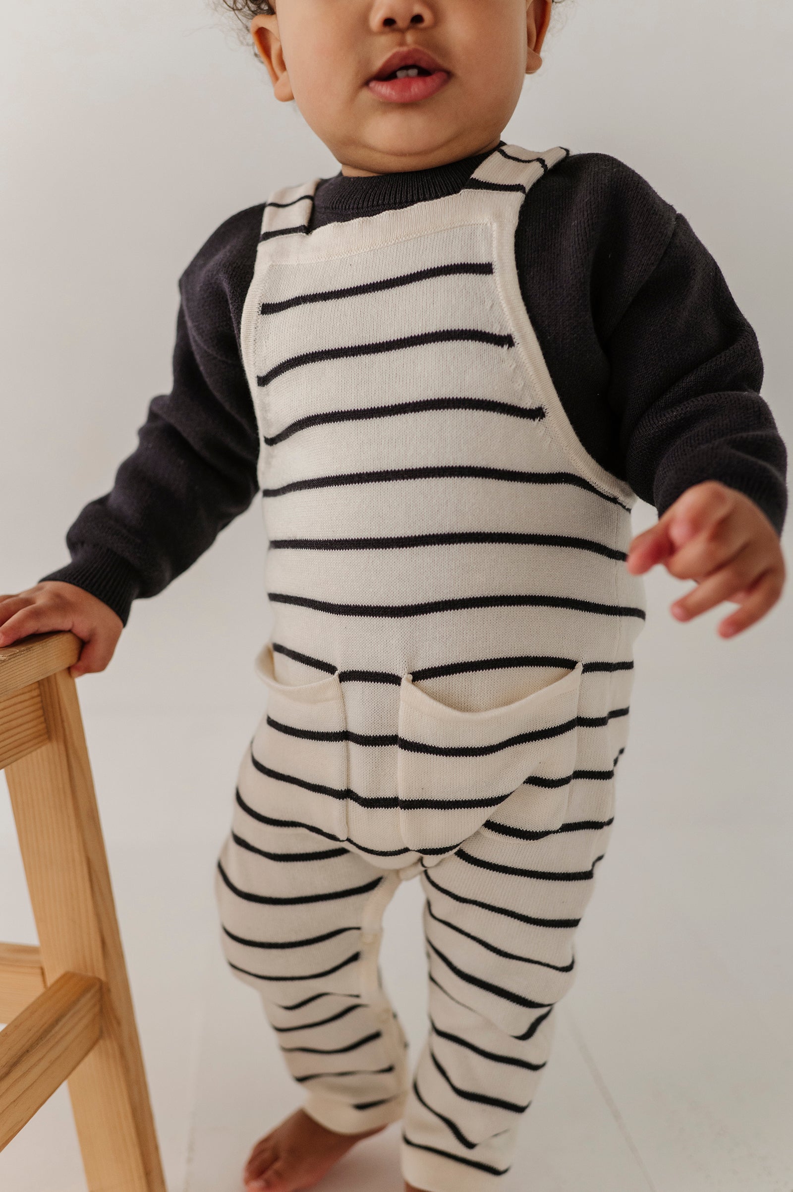 Baby Boy Knit Pocket Overalls in Charcoal Stripe
