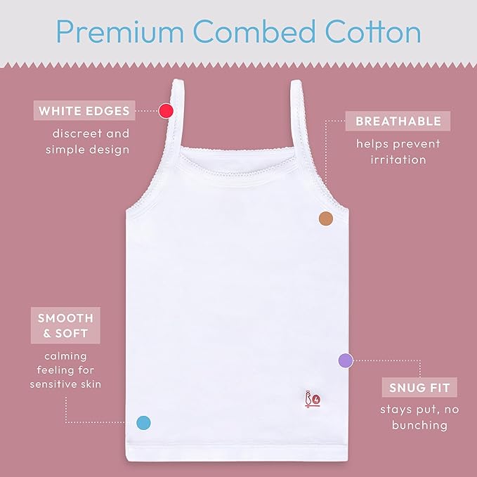 Feathers Girls Undershirts Tagless Camisoles - 5 pk Super Soft Cotton Cami Girls Tank Tops