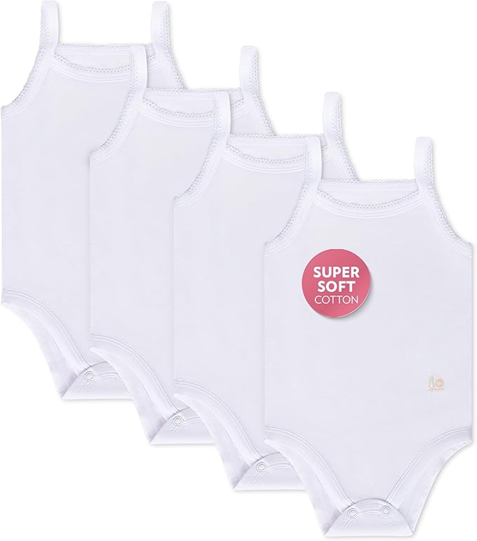 Feathers Tank Top Baby Girl Undershirts - Super Soft Cotton One-Piece Toddler Bodysuit (4 Pack) (White)
