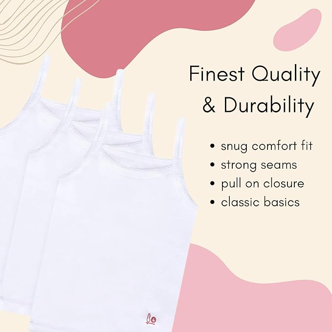 Feathers Girls Solid White Snug Fit Tagless Cami Vest - 100% Cotton Super Soft Undershirts (3/Pack)