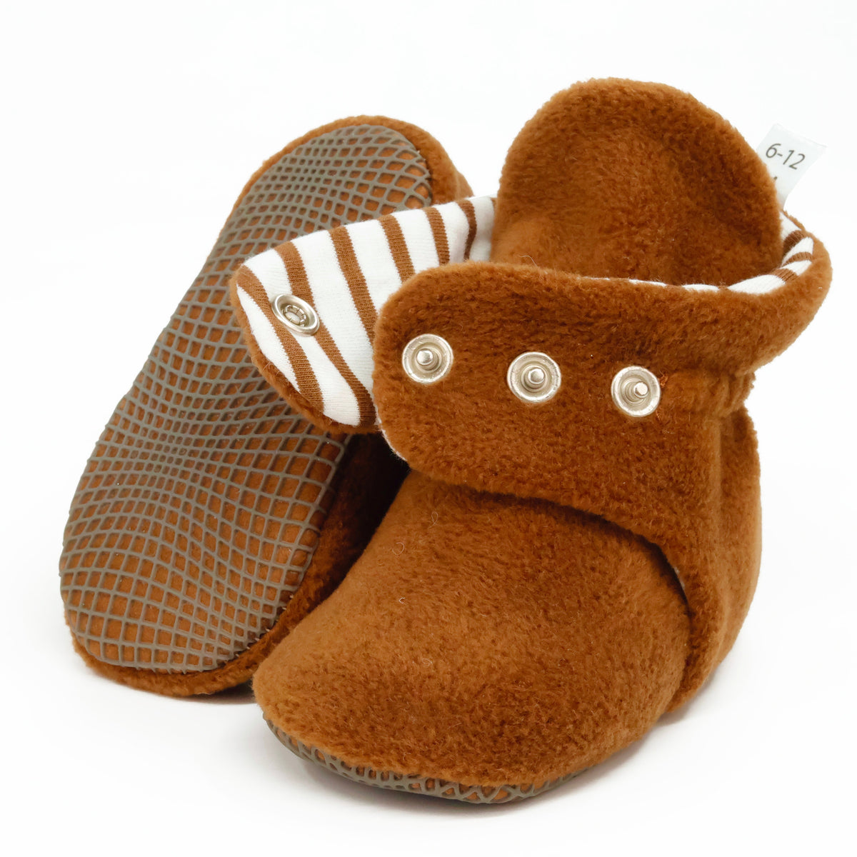 Fleece Stay-On Baby Booties with Snaps – Tan