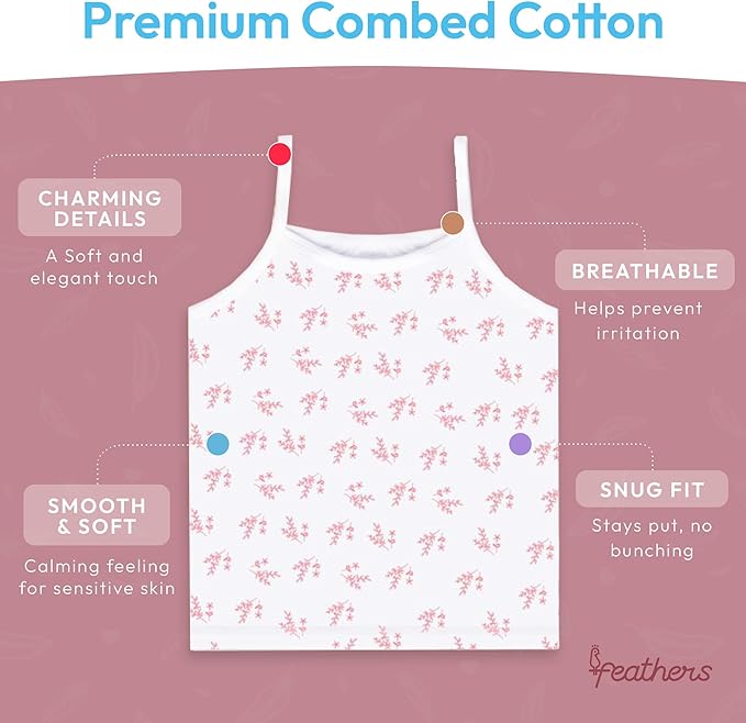 Feathers Leafy Style Super Soft Girls Undershirts Tagless Camisoles – Cotton Cami Girls Tank Tops (5 Pack)