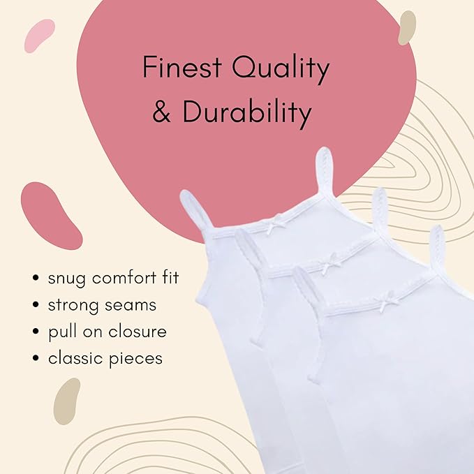 Feathers Girls Solid White Snug Fit Tagless Cami Vest - 100% Cotton Super Soft Undershirts (3/Pack)