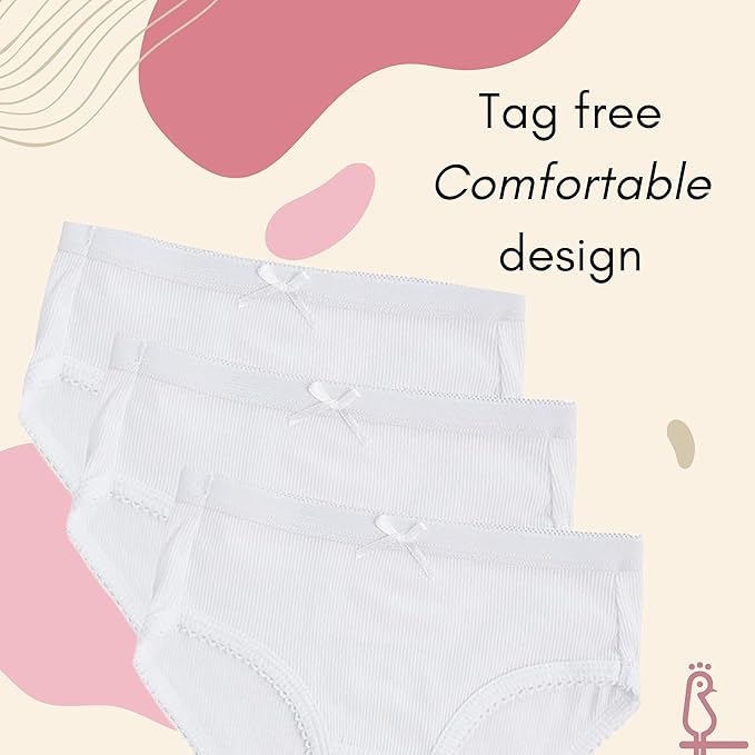 Feathers Girls Solid White Snug Fit Tagless Briefs Underwear - 100% Cotton Super Soft Panties