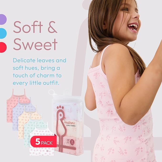 Feathers Leafy Style Super Soft Girls Undershirts Tagless Camisoles – Cotton Cami Girls Tank Tops (5 Pack)