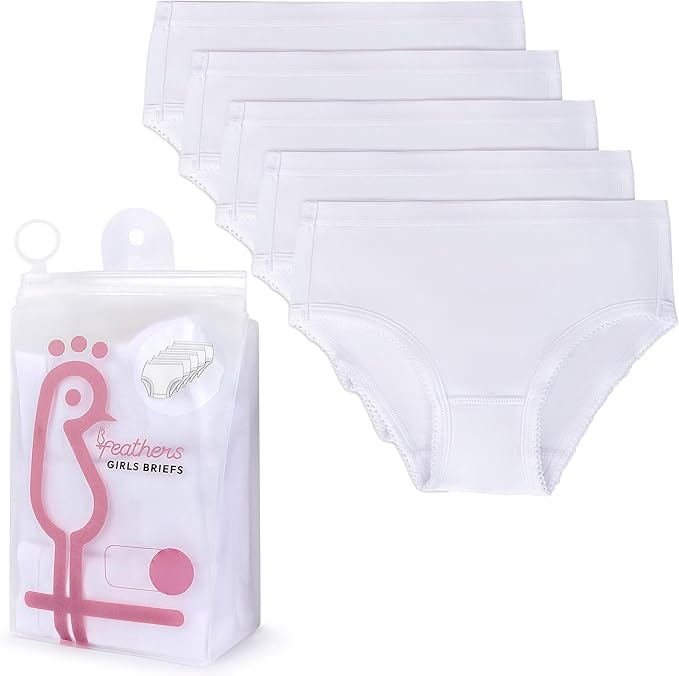 Feathers Solid White Snug Tagless Super Soft Cotton Underwear - Girls Underwear Briefs Panties 5-Pack (White)
