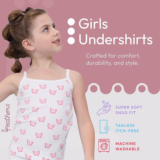 Feathers Butterfly + Stripe Super Soft Girls Undershirts Tagless Camisoles – Cotton Cami Girls Tank Tops (3 Pack)