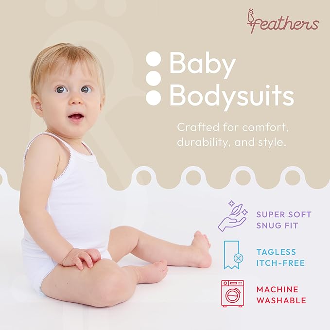 Feathers Tank Top Baby Girl Undershirts - Super Soft Cotton One-Piece Toddler Bodysuit (4 Pack) (White)
