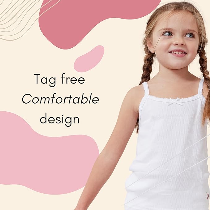 Feathers Girls Solid White Snug Fit Tagless Cami Vest - 100% Cotton Super Soft Undershirts (3/Pack)